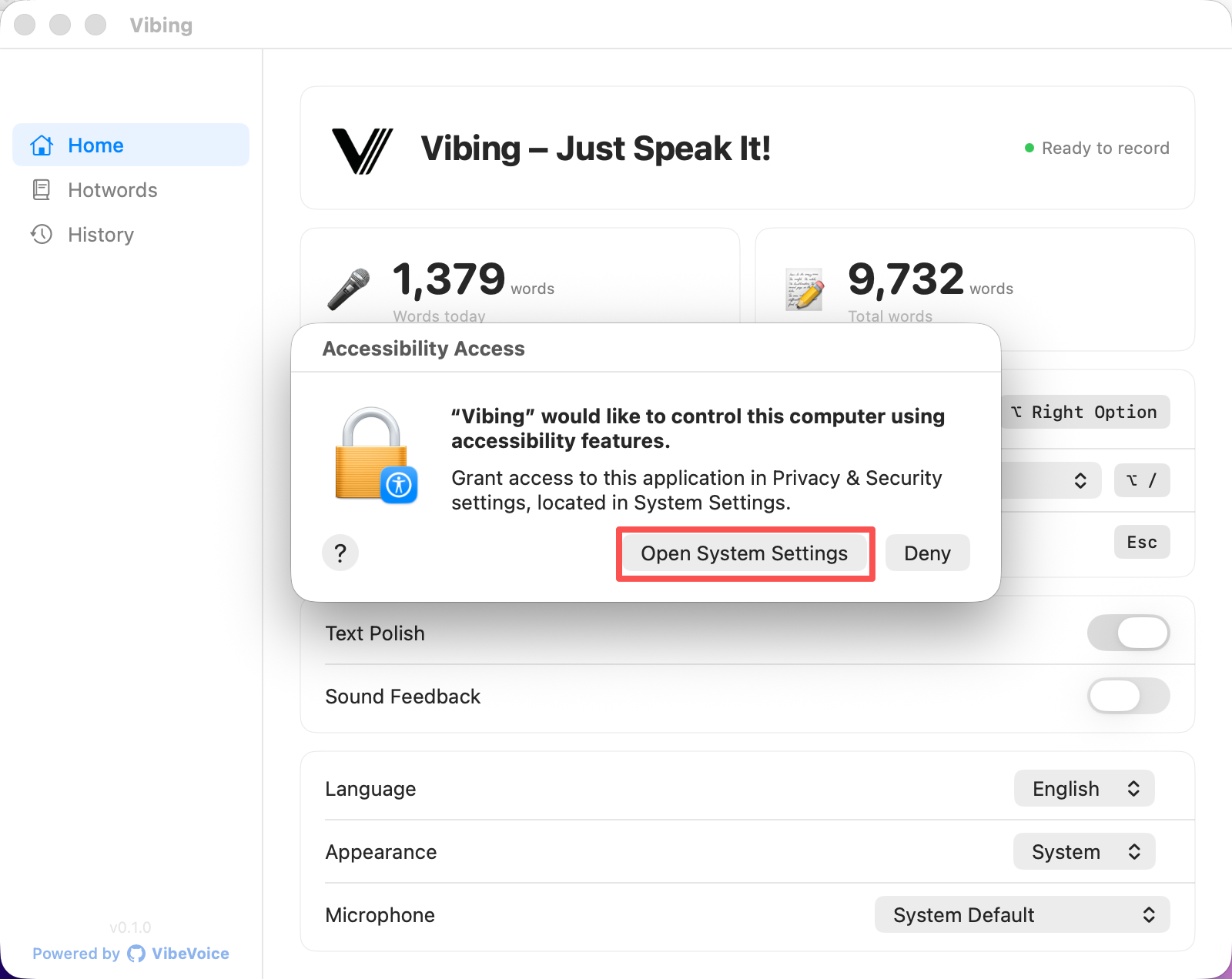 Accessibility Access dialog