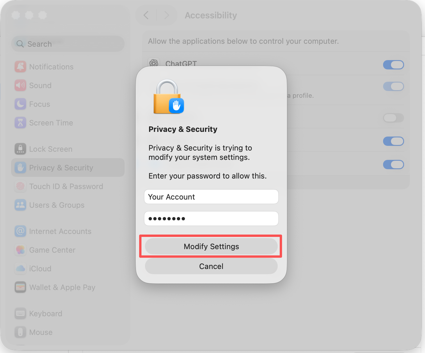 Password dialog — Modify Settings